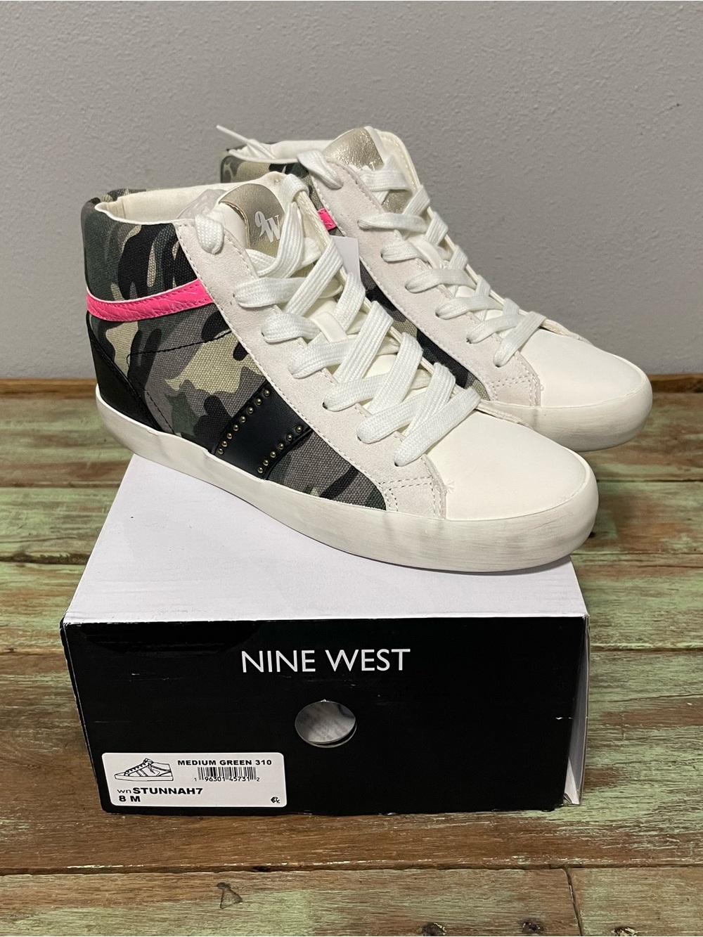 Nine West Stunnah7 High Top Fashion Sneakers Camo Green White NIB Womens 8